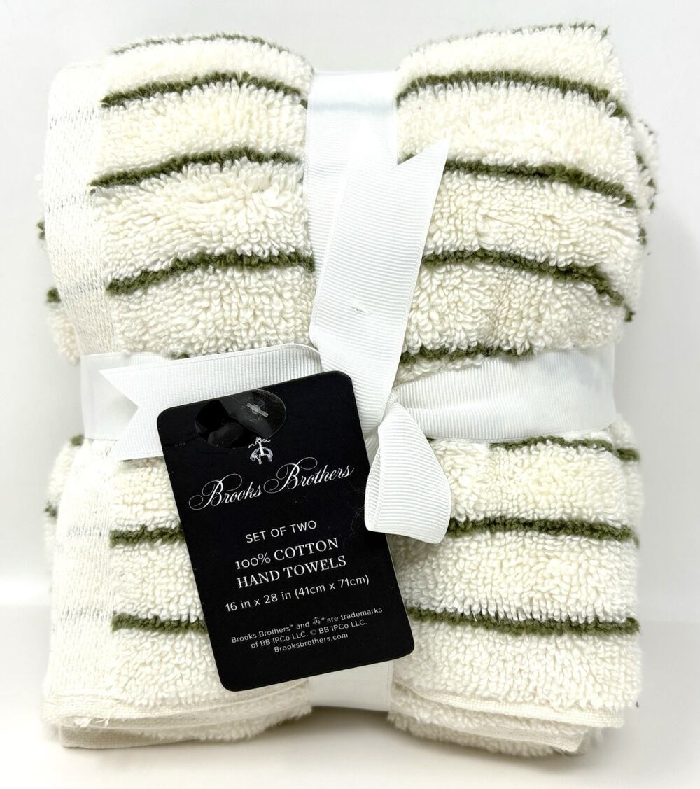 Brooks Brothers Green Cream Striped Cotton Hand Towels Set 2 Measures 16x28"